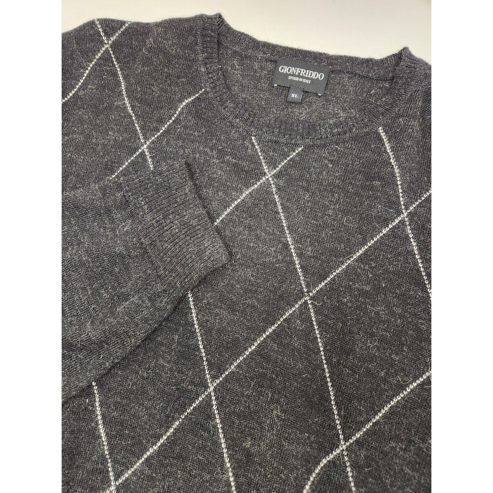 Gionfriddo Sweater Men's XL Black Argyle Diamond 100% Alpaca Crew Pullover Italy